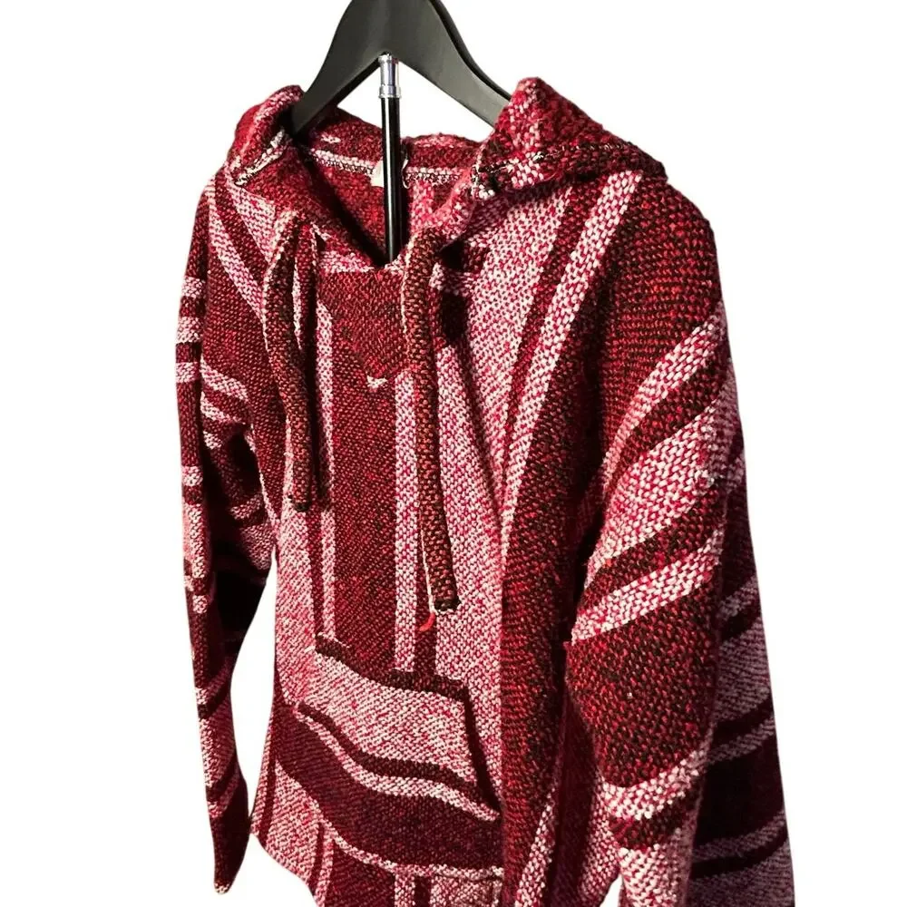 VTG Mexican Baja Hoodie Jerga Drug Rug Striped Red White Large Boho Gorpcore